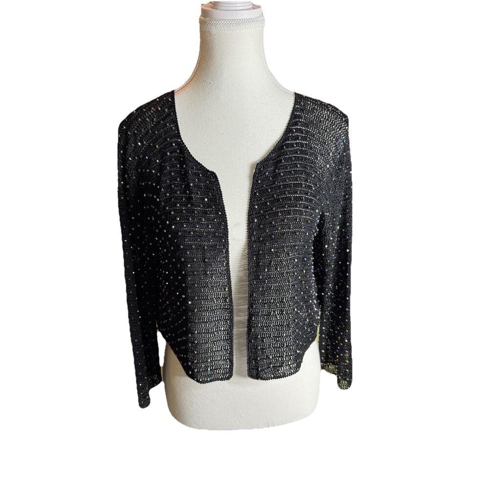 Y2K Sophie Chang Black Rhinestone Mesh Cropped Cardigan Shrug Sparkle 2000s